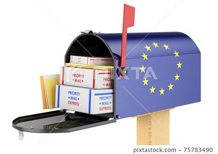 Mailbox with the European Union flag with parcels, envelopes inside. Delivery in the EU, concept. 3D rendering Mailbox with the European Union flag with parcels, envelopes inside. Delivery in the EU, concept. 3D rendering 75783490