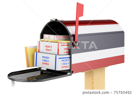 Mailbox with Thai flag with parcels, envelopes inside. Shipping in Thailand, concept. 3D rendering Mailbox with Thai flag with parcels, envelopes inside. Shipping in Thailand, concept. 3D rendering 75783492