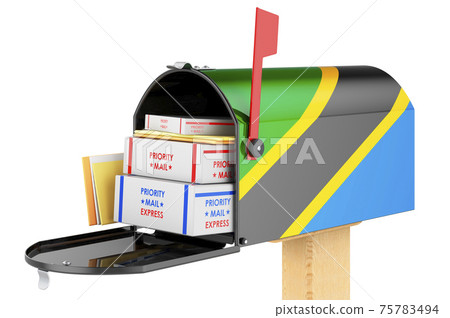 Mailbox with Tanzanian flag with parcels, envelopes inside. Shipping in Tanzania, concept. 3D rendering Mailbox with Tanzanian flag with parcels, envelopes inside. Shipping in Tanzania, concept. 3D rendering 75783494