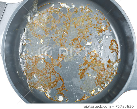 gray non-stick surface of a frying pan with burnt fried eggs top view, cookware for cooking fried food top view, nobody. 75783630