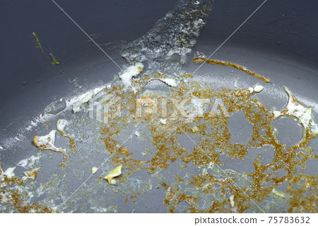bottom of a frying pan with burnt fried eggs to the ceramic non-stick coating close-up, dirty dishes for cooking, nobody. bottom of a frying pan with burnt fried eggs to the ceramic non-stick coating close-up, dirty dishes for cooking, nobody. 75783632