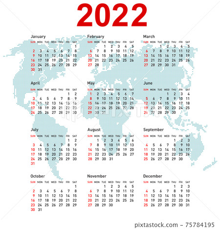 Calendar 2022 with world map. Week starts on Sunday 75784195