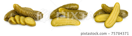 Marinated pickled cucumber isolated on white background with full depth of field. Set or collection Marinated pickled cucumber isolated on white background with full depth of field. Set or collection 75784371