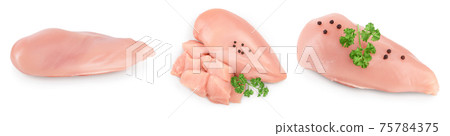 Fresh chicken fillet isolated on white background with full depth of field. Set or collection Fresh chicken fillet isolated on white background with full depth of field. Set or collection 75784375