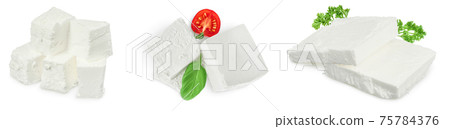 Feta cheese isolated on white background. With full depth of field. Set or collection Feta cheese isolated on white background. With full depth of field. Set or collection 75784376