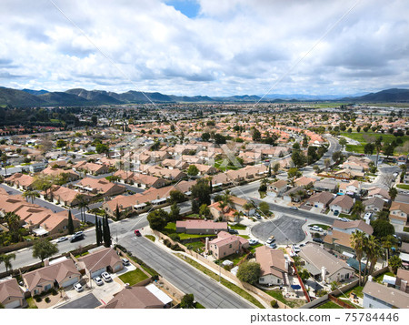 Aerial view of Hemet city in the San Jacinto Valley in Riverside County, California 75784446