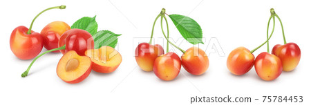 yellow-red sweet cherry isolated on white background with full depth of field, Set or collection 75784453