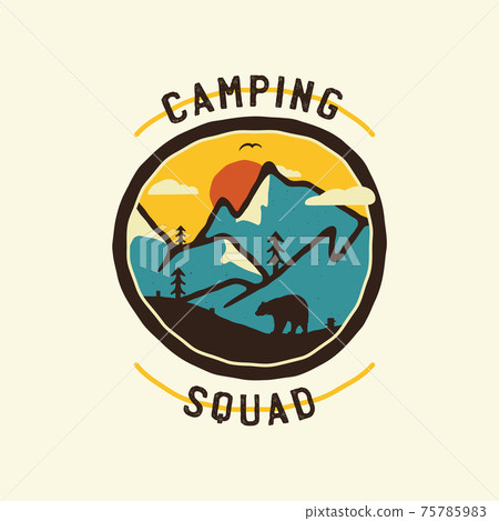 Camping squad sticker design. Travel hand drawn logo emblem. State park label isolated. Stock vector graphics Camping squad sticker design. Travel hand drawn logo emblem. State park label isolated. Stock vector graphics 75785983
