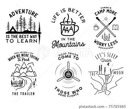 Camping line art logo designs set. Vintage adventure emblems. Camp label, hiking badges bundle. Silhouette linear concept. Stock vector collection Camping line art logo designs set. Vintage adventure emblems. Camp label, hiking badges bundle. Silhouette linear concept. Stock vector collection 75785985