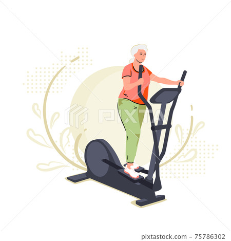 Active senior woman on elliptical cross trainer at home. Lifestyle sport activities in old age. Sportive grandmother on training machine, active elderly character. Gym Vector illustration flat style Active senior woman on elliptical cross trainer at home. Lifestyle sport activities in old age. Sportive grandmother on training machine, active elderly character. Gym Vector illustration flat style 75786302
