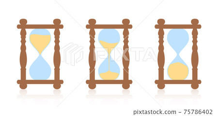 Hourglass - start, halftime and finish sequence. Three sand timer in timing action, measuring as time goes by, before, during, after. Isolated vector illustration on white background. 75786402