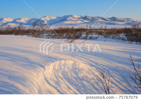 Winter landscape with a snowy valley and mountains. 75787079