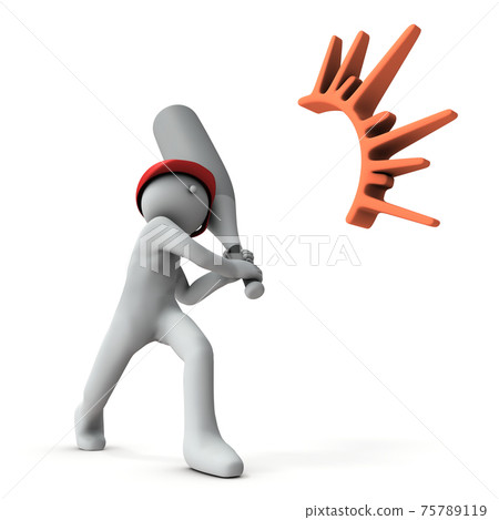 A character who hits a bat with a full swing. 3D rendering. White background. A character who hits a bat with a full swing. 3D rendering. White background. 75789119