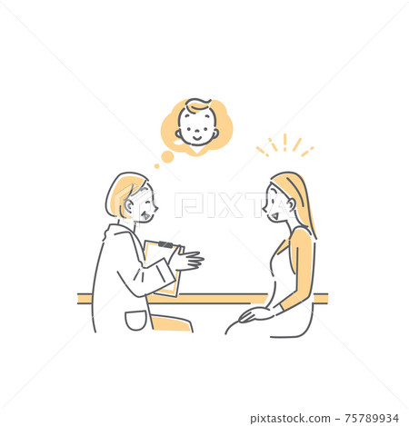 A simple line art illustration of a woman who is told that she is pregnant by a veteran doctor in obstetrics and gynecology 75789934