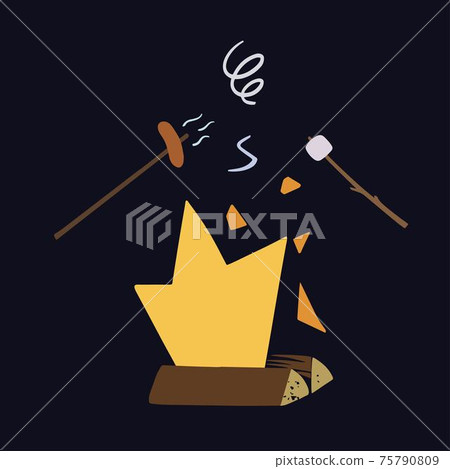 Campfire with grilling sausages and marshmallows. Illustration in simple cartoon doodle hand drawn style. Campfire with grilling sausages and marshmallows. Illustration in simple cartoon doodle hand drawn style. 75790809