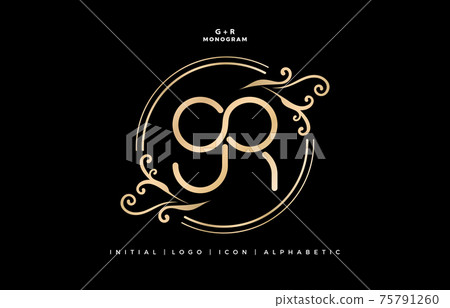GR monogram infinity model with floral ornament, initial letter and graphic name with golds colors isolated black backgrounds, for insignia, initial letter graphic name, couple name letterpress. GR monogram infinity model with floral ornament, initial letter and graphic name with golds colors isolated black backgrounds, for insignia, initial letter graphic name, couple name letterpress. 75791260