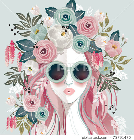 Vector illustration of a sunglasses girl with floral headdress in spring for Wedding, anniversary, birthday party 75791470