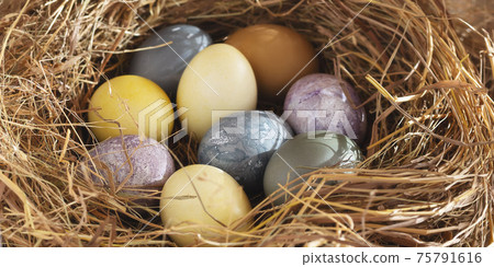 Easter composition - colorful Easter eggs painted with natural dyes in a nest of hay, horizontal banner Easter composition - colorful Easter eggs painted with natural dyes in a nest of hay, horizontal banner 75791616