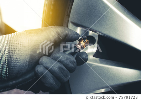 The mechanic's hand was inflating the tires into the alloy wheel of a car 75791728