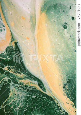 Acrylic Fluid Art. Natural green and yellow colors flow on canvas. Digital decor. Abstract stone background or texture 75791925
