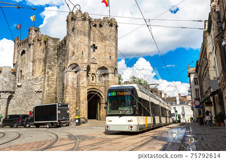 City tram in Gent in a beautiful summer day, Belgium 75792614