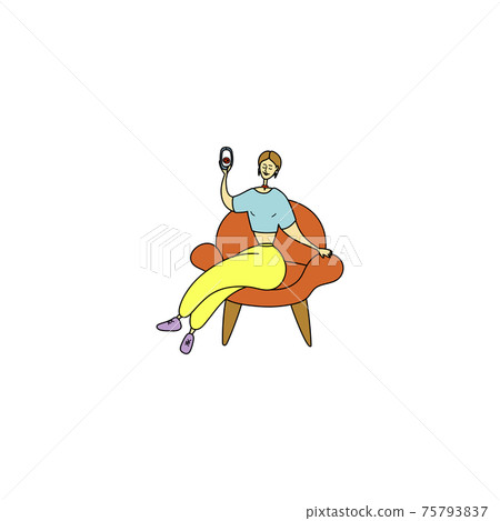 Beautiful woman makes selfie. Pretty girl is filming herself. Female sits in chair and shoots vlog. Influencer chatting with followers on phone. Blogger shoots vlog. Cartoon hand drawn illustration Beautiful woman makes selfie. Pretty girl is filming herself. Female sits in chair and shoots vlog. Influencer chatting with followers on phone. Blogger shoots vlog. Cartoon hand drawn illustration 75793837