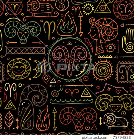 Aries zodiac sign. Element of Fire. Seamless Pattern for your design 75794828