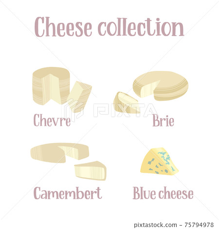 Cheese collection. Different kinds of cheeses. Chevre, brie, camembert and blue cheese. Cheese collection. Different kinds of cheeses. Chevre, brie, camembert and blue cheese. 75794978