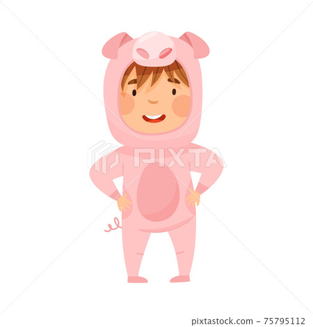 Cute Boy Wearing Pink Pig Costume Role Playing and Having Fun Vector Illustration 75795112