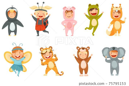 Little Boy and Girl Wearing Animal Costumes Waving Hand and Having Fun Vector Set Little Boy and Girl Wearing Animal Costumes Waving Hand and Having Fun Vector Set 75795153