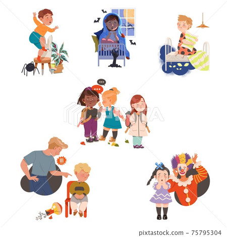 Children Having Fears Afraid of Spider and Monsters Vector Set 75795304