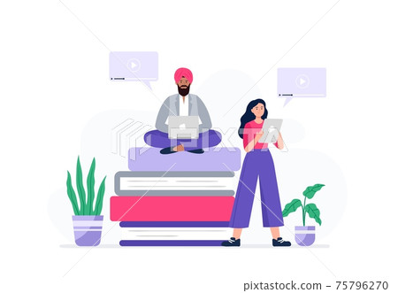 Modern people watch online lessons on a laptop and tablet. Banner or background for a site with a distance education theme. Vector flat illustration. Modern people watch online lessons on a laptop and tablet. Banner or background for a site with a distance education theme. Vector flat illustration. 75796270