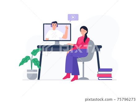 A woman watches an online lesson at home. Banner or background for a site with a distance education theme. Vector flat illustration. A woman watches an online lesson at home. Banner or background for a site with a distance education theme. Vector flat illustration. 75796273