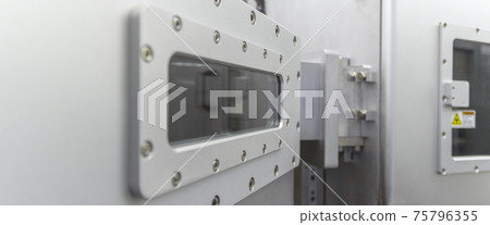 Part of chamber vacuum device industrial equipment silver color of research and development laboratory high technology . 75796355