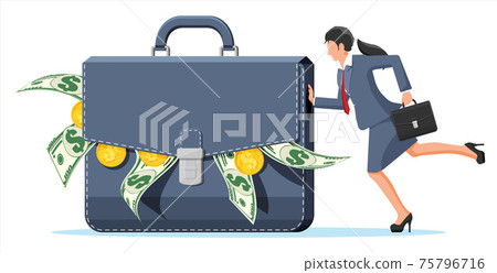 Businesswoman pushes huge briefcase with money. Businesswoman pushes huge briefcase with money. 75796716