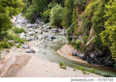Basalt rocks and pristine water of Alcantara gorges in Sicily, Italy Basalt rocks and pristine water of Alcantara gorges in Sicily, Italy 75797784
