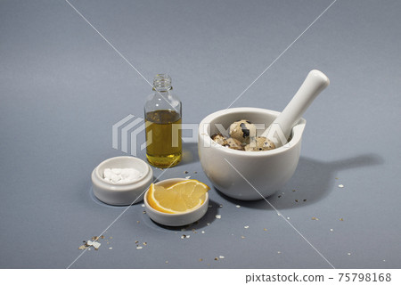 Ingredients for eggshells scrub body mask. Zero waste cosmetics. Ingredients for eggshells scrub body mask. Zero waste cosmetics. 75798168