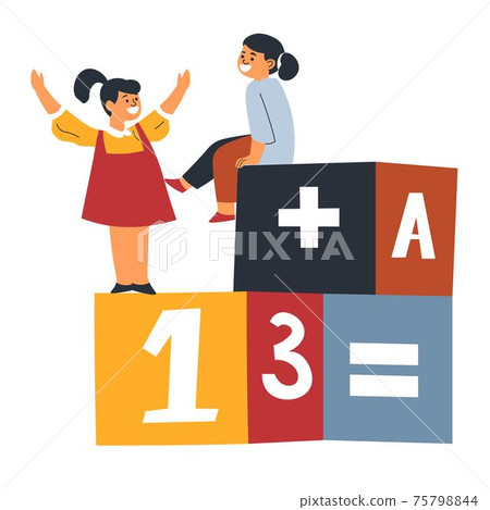 Girls playing cubes with maths numbers and letters 75798844