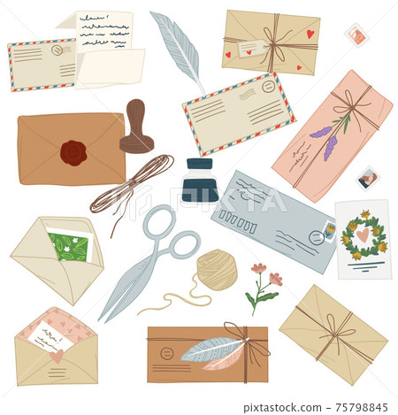 Vintage letters and decorative stamps, envelopes 75798845