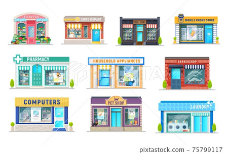 Building of shop, store, pharmacy, laundry icons 75799117