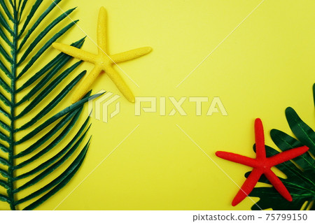 Summer Background with starfish and green leave on yellow background Summer Background with starfish and green leave on yellow background 75799150