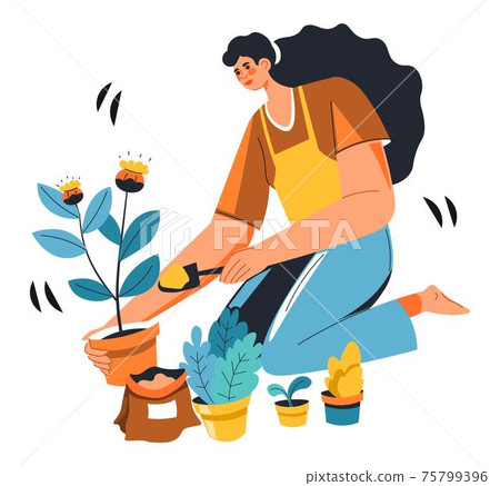 Woman gardening growing plants in pots from seed Woman gardening growing plants in pots from seed 75799396