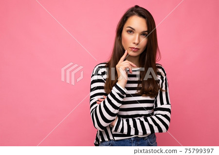 Closeup photo of amazing thoughtful beautiful young woman deep thinking creative female person Closeup photo of amazing thoughtful beautiful young woman deep thinking creative female person 75799397