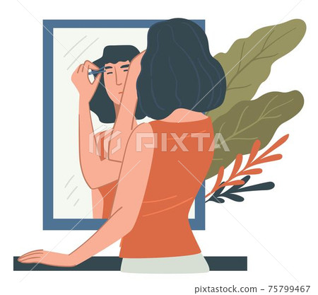 Woman tweezing eyebrows at home, beauty and care 75799467