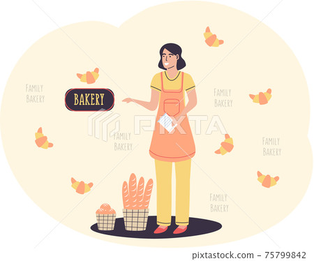 Family bakery concept with happy woman baker sells fresh sweet croissants. Girl baker with bread Family bakery concept with happy woman baker sells fresh sweet croissants. Girl baker with bread 75799842