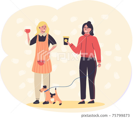Happy young woman walking with dog and cup of coffee. Female character drinking hot drink outdoor Happy young woman walking with dog and cup of coffee. Female character drinking hot drink outdoor 75799873