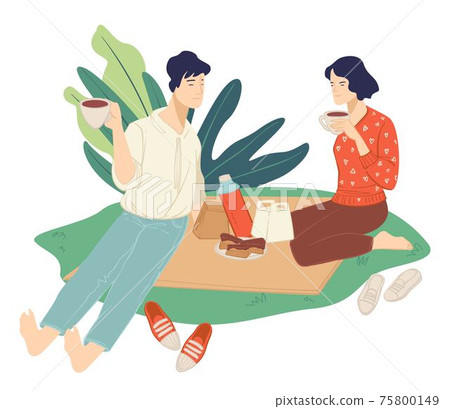 People spending time on picnic eating and drinking 75800149