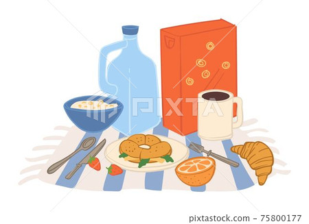 Food for picnic, milk and croissant with cutlery 75800177