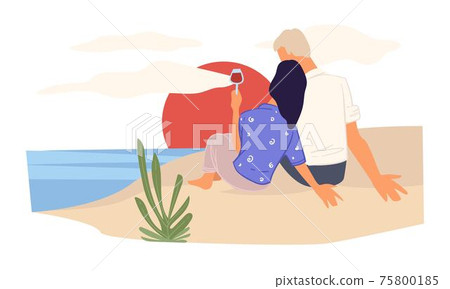 Couple watching sunset by seaside sitting on sand 75800185