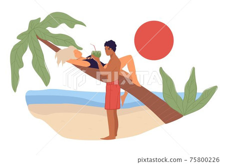Couple relaxing by seaside, man giving cocktail Couple relaxing by seaside, man giving cocktail 75800226
